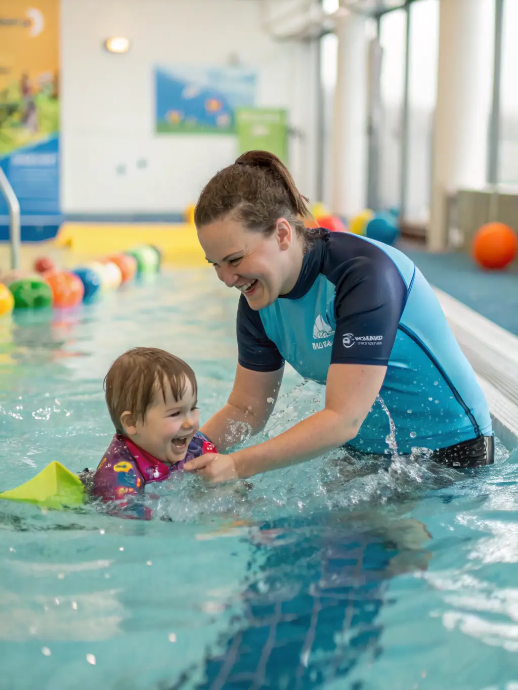 A vibrant photo of a swimming instructor guiding a diverse group of children and adults in a sunlit indoor pool, everyone engaged and smiling, representing inclusive swimming lessons at ASSOC CLUB NAUTIQUE MUNICIPAL GERMINOIS.