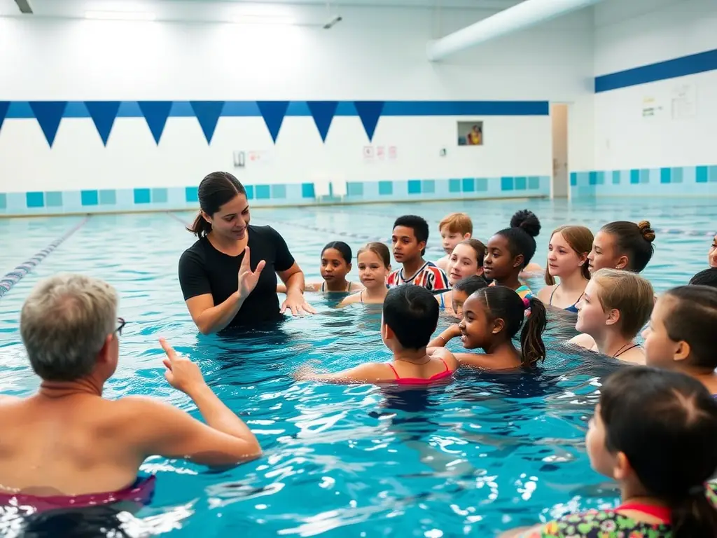 A swimming instructor demonstrating water safety techniques to a group of attentive children in a bright, modern pool facility. The scene highlights education, safety, and attentive supervision.