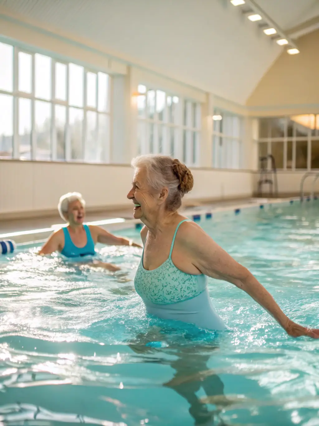 A cheerful scene of seniors and adults participating in a gentle aquatic fitness class, guided by a supportive coach, highlighting health and well-being.