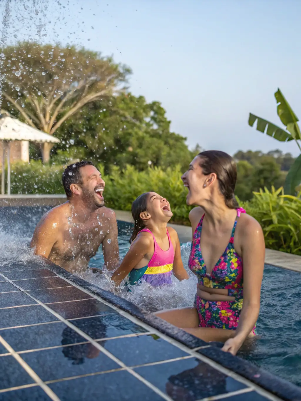 A candid photo of a family—parents and children—laughing and playing together during a weekend open swim event, illustrating joyful community bonding.