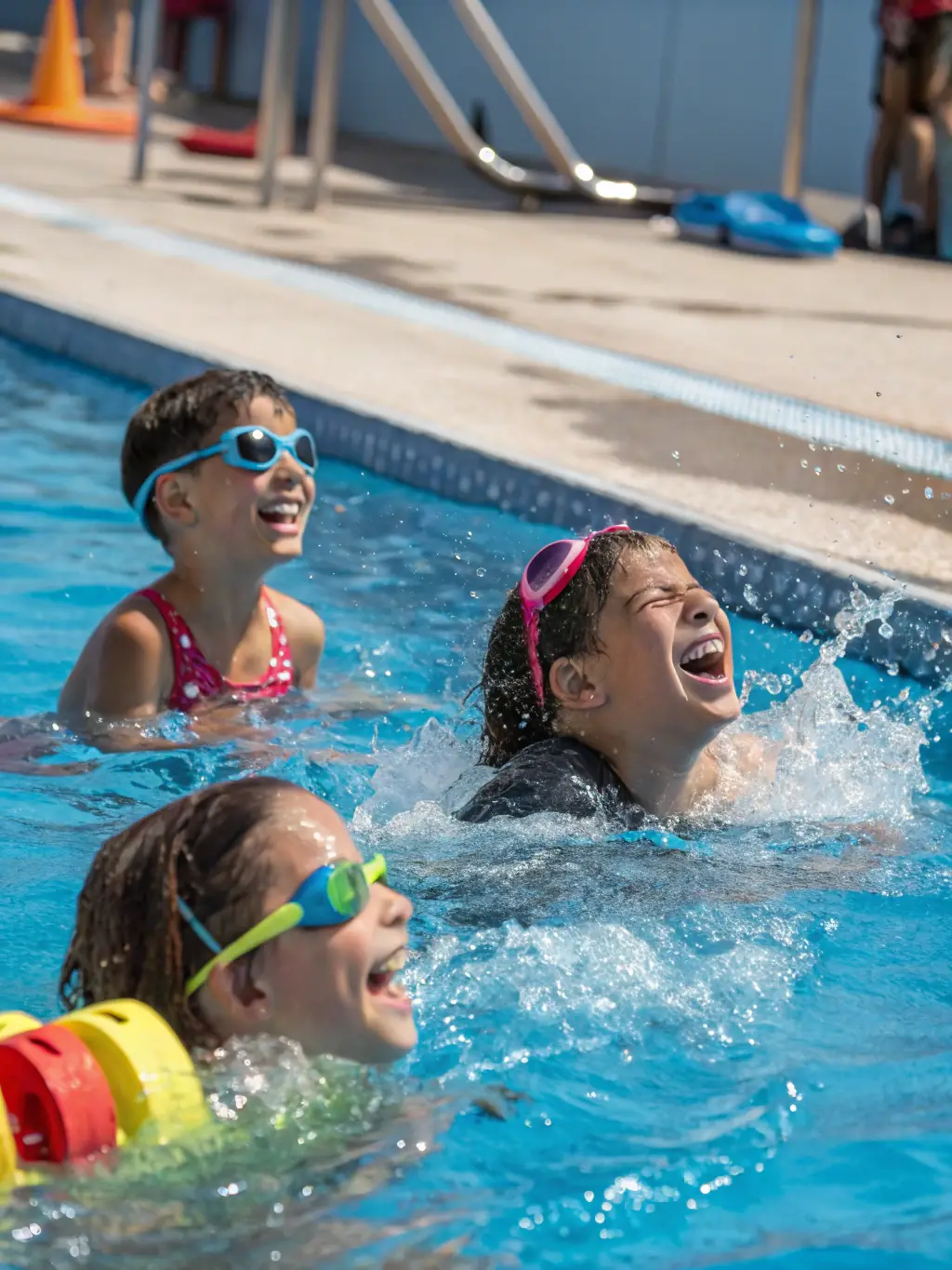 A vibrant photo of a diverse group of children and adults smiling together at the edge of an indoor pool, wearing swim caps and goggles, representing community unity and inclusion through swimming at ASSOC CLUB NAUTIQUE MUNICIPAL GERMINOIS.