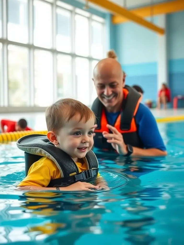 A dynamic image of a certified instructor demonstrating water safety techniques to attentive children and parents during a safety workshop at the municipal pool.