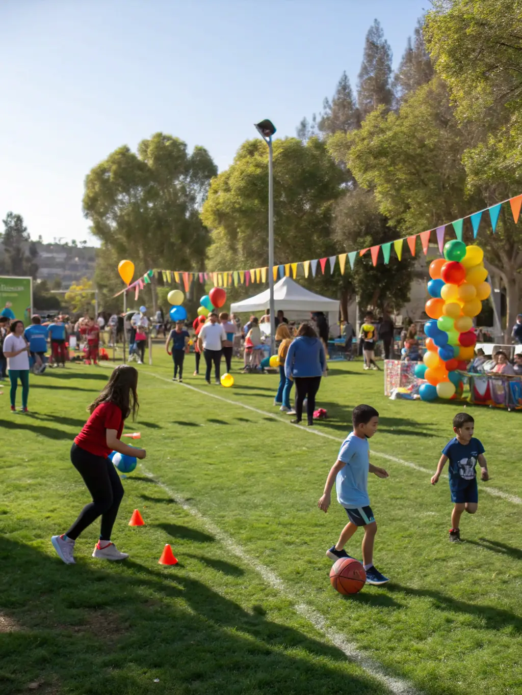 A cheerful scene of families and club members participating in a community pool event, with colorful decorations, games, and group activities, capturing the spirit of local engagement and celebration.