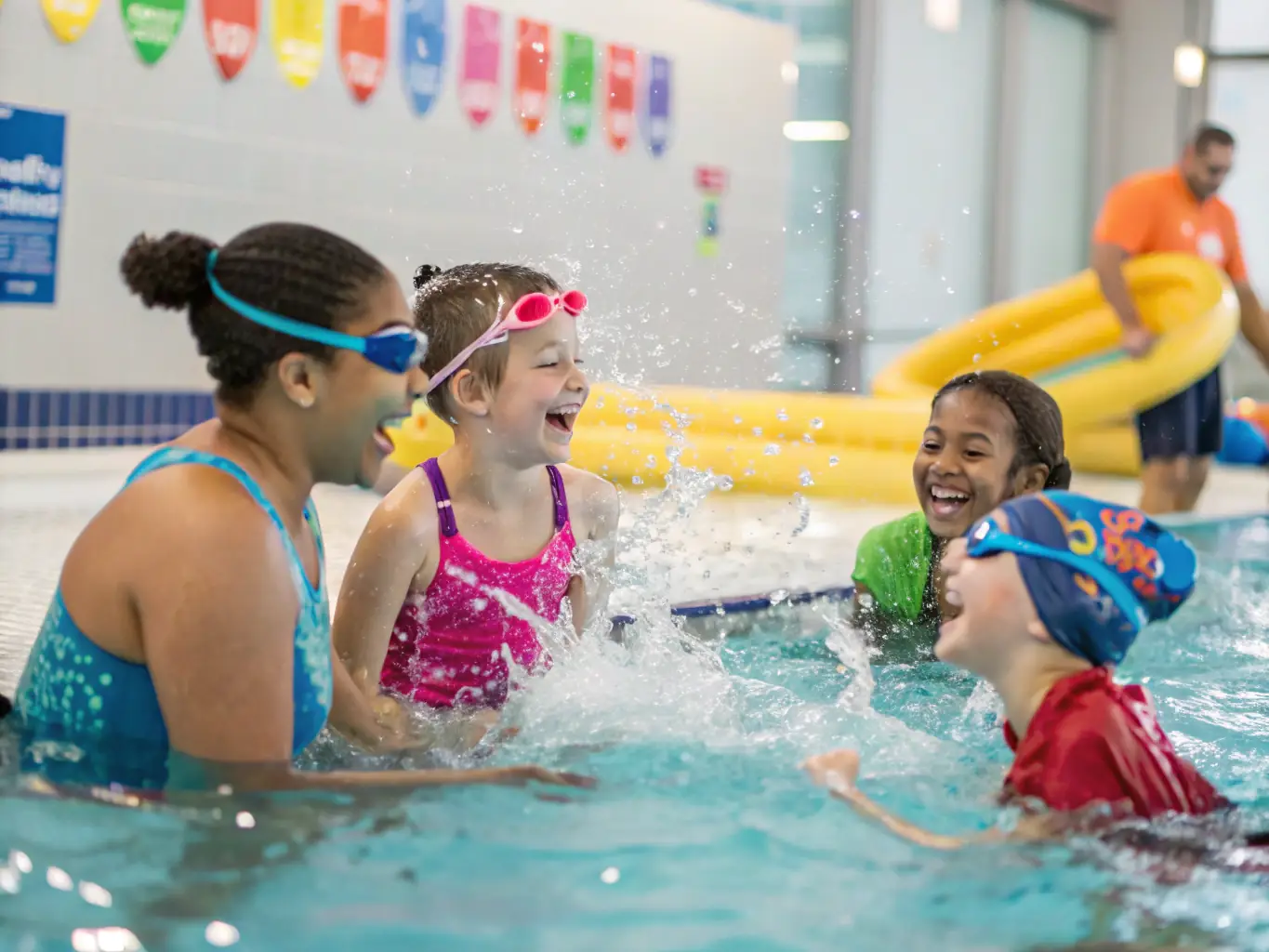 A senior woman and a young boy giving each other a high-five in the pool, surrounded by other swimmers, illustrating intergenerational connection and joy in a supportive aquatic environment.